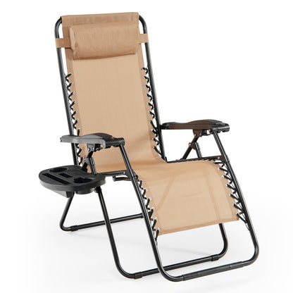 Folding Patio Recliners with Removable Headrest and Cup Holder-Beige
