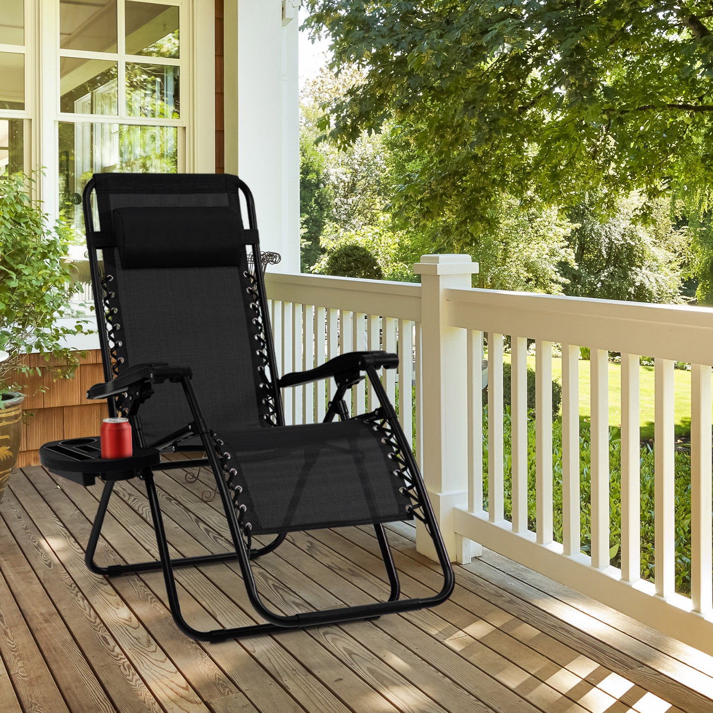 Folding Patio Recliners with Removable Headrest and Cup Holder-Black