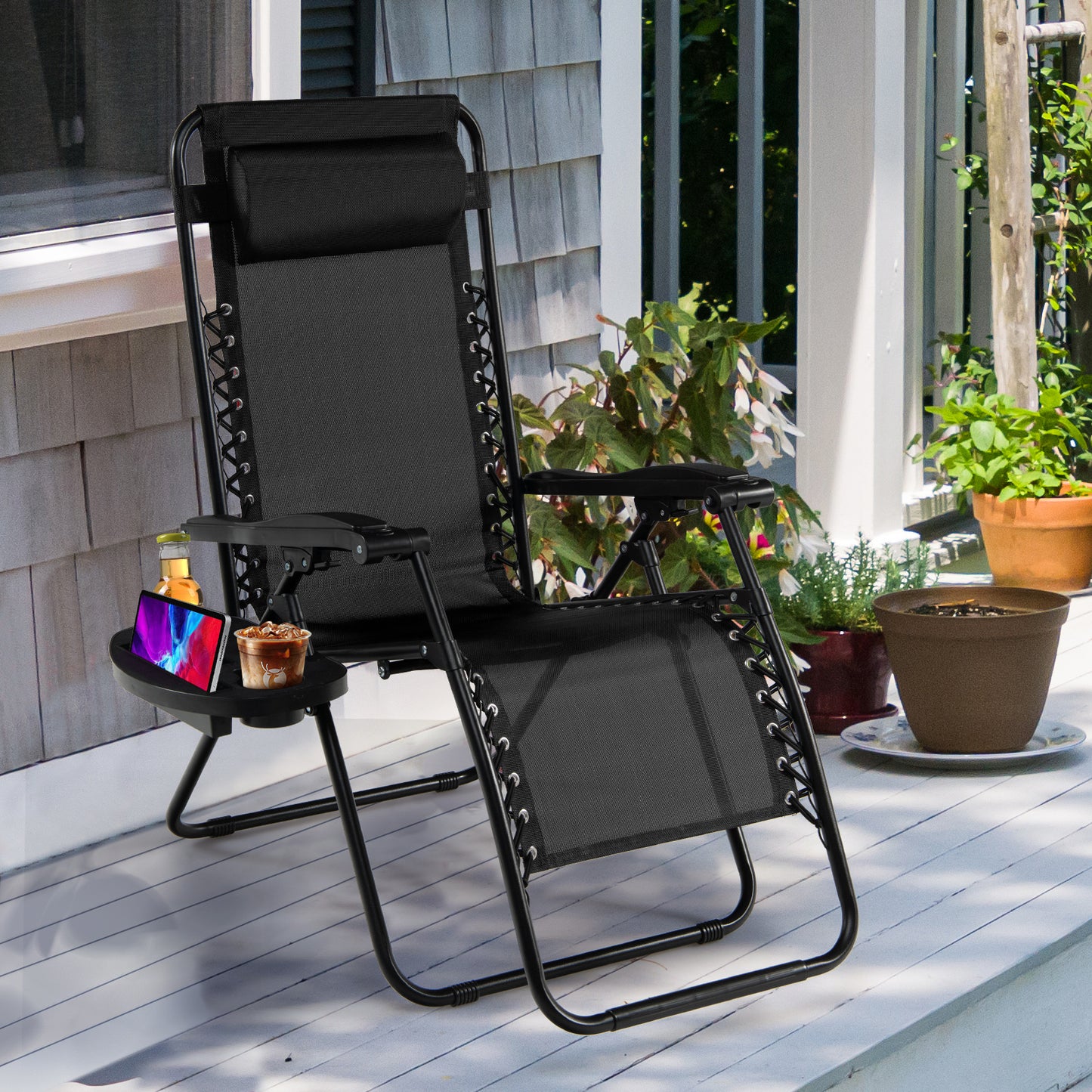 Folding Patio Recliners with Removable Headrest and Cup Holder-Black