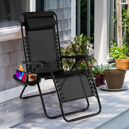 Folding Patio Recliners with Removable Headrest and Cup Holder-Black