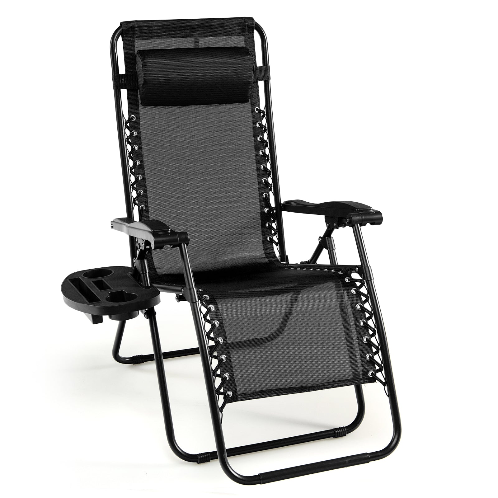 Folding Patio Recliners with Removable Headrest and Cup Holder-Black