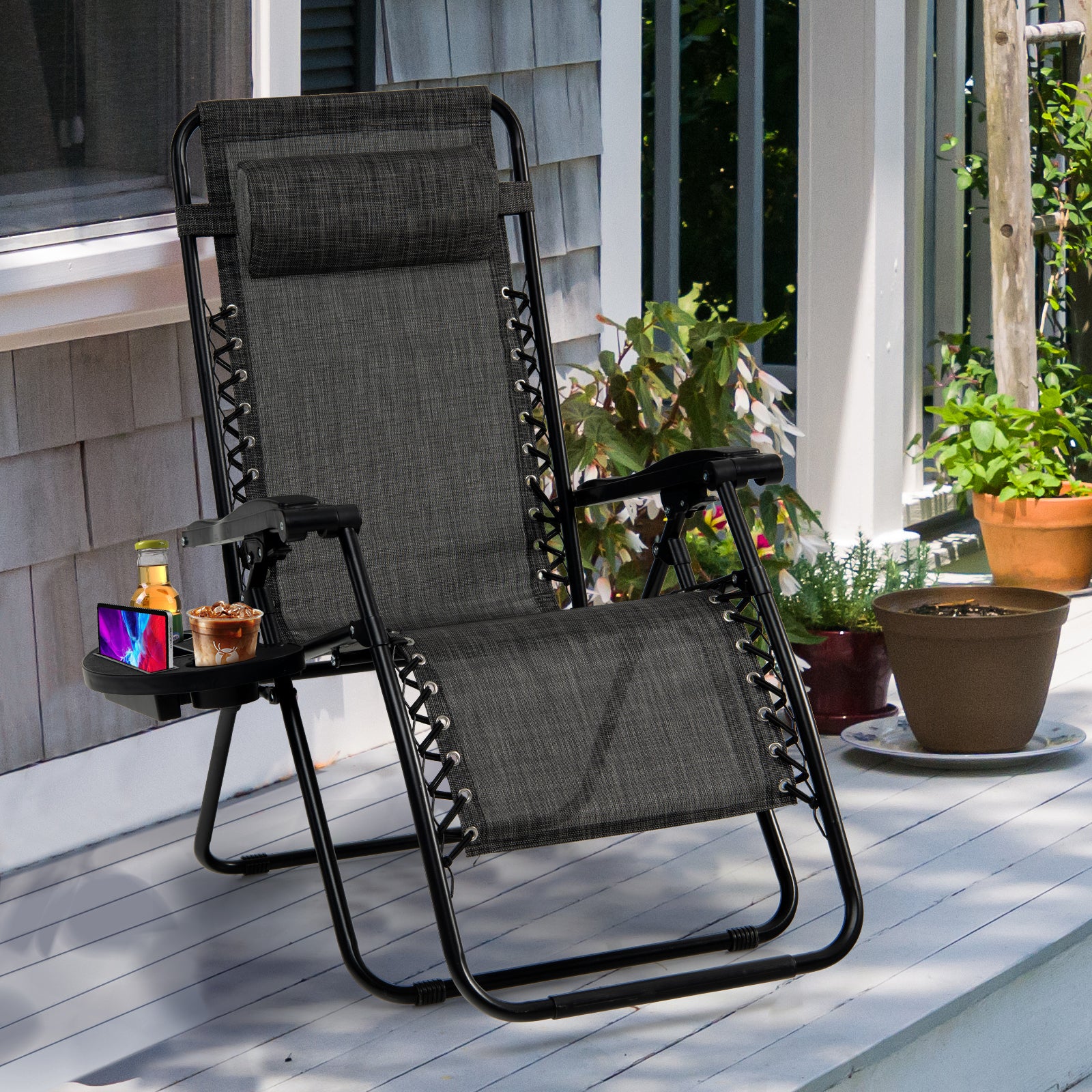 Folding Patio Recliners with Removable Headrest and Cup Holder-Grey