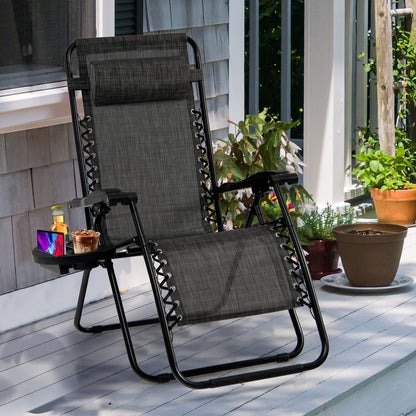 Folding Patio Recliners with Removable Headrest and Cup Holder-Grey