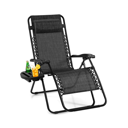 Folding Patio Recliners with Removable Headrest and Cup Holder-Grey