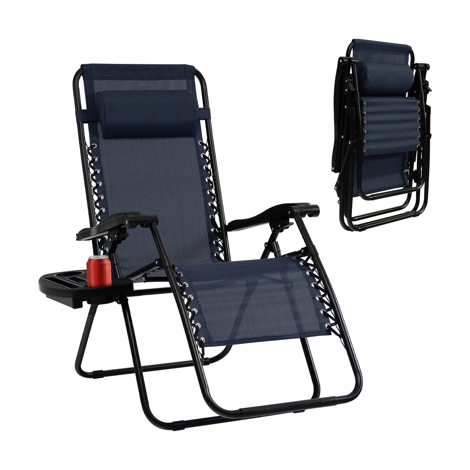 Folding Patio Recliners with Removable Headrest and Cup Holder-Navy