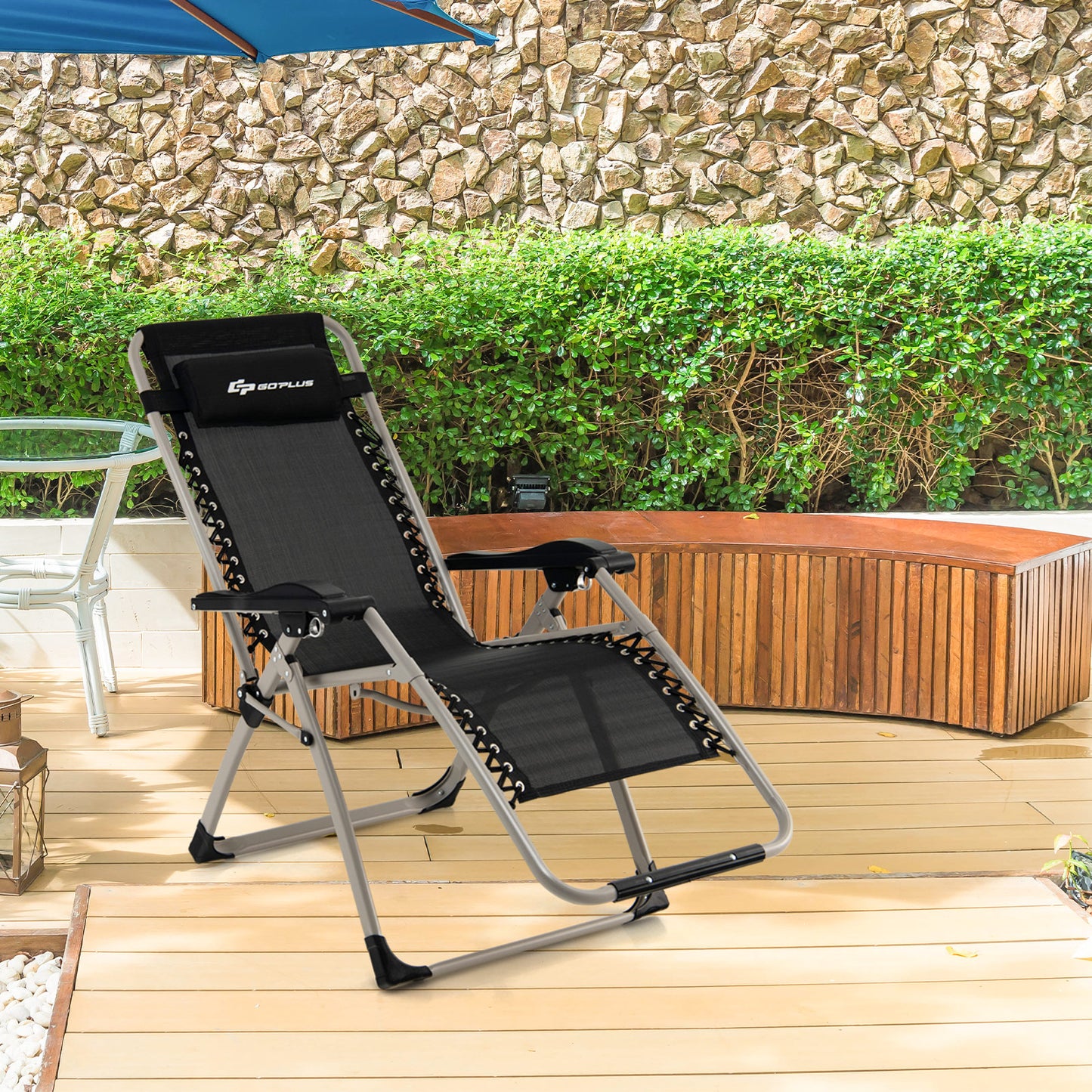 Foldable Zero Gravity Lounge Chair with Removable Headrest and Adjustable Backrest-Black