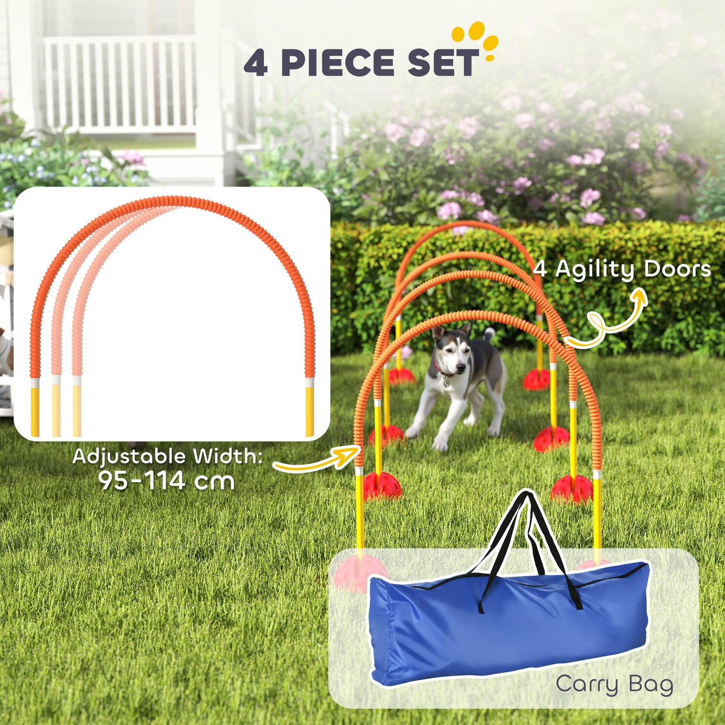 PawHut 4 Piece Dog Agility Training Equipment with 4 Adjustable Width Doors, Carry Bag, for Garden, Orange
