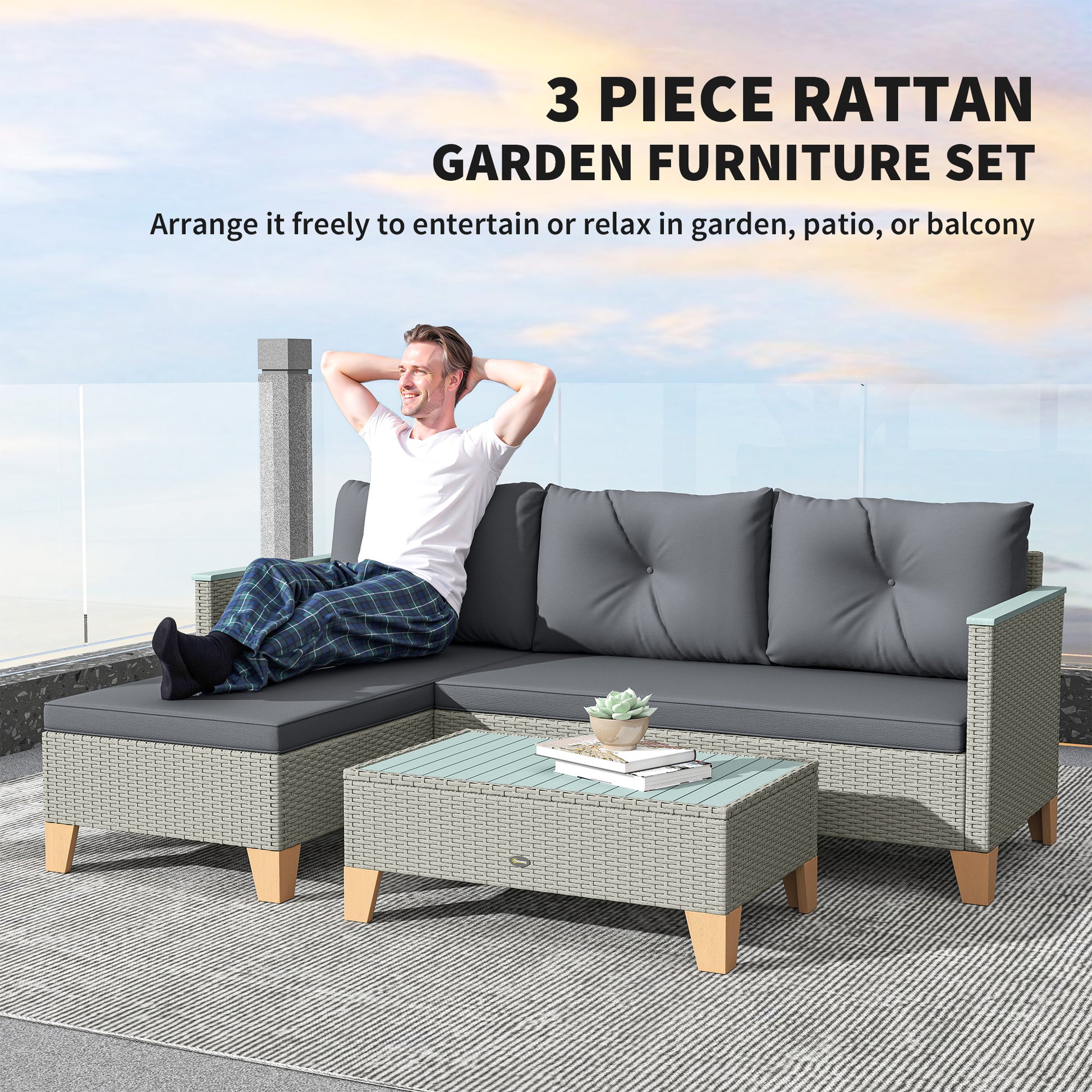 Outsunny 3 Pieces Rattan Garden Furniture Set, L Shaped Garden Conversation Chaise Lounge Furniture with Wood Top Coffee Table and Thick Cushions, Charcoal Grey