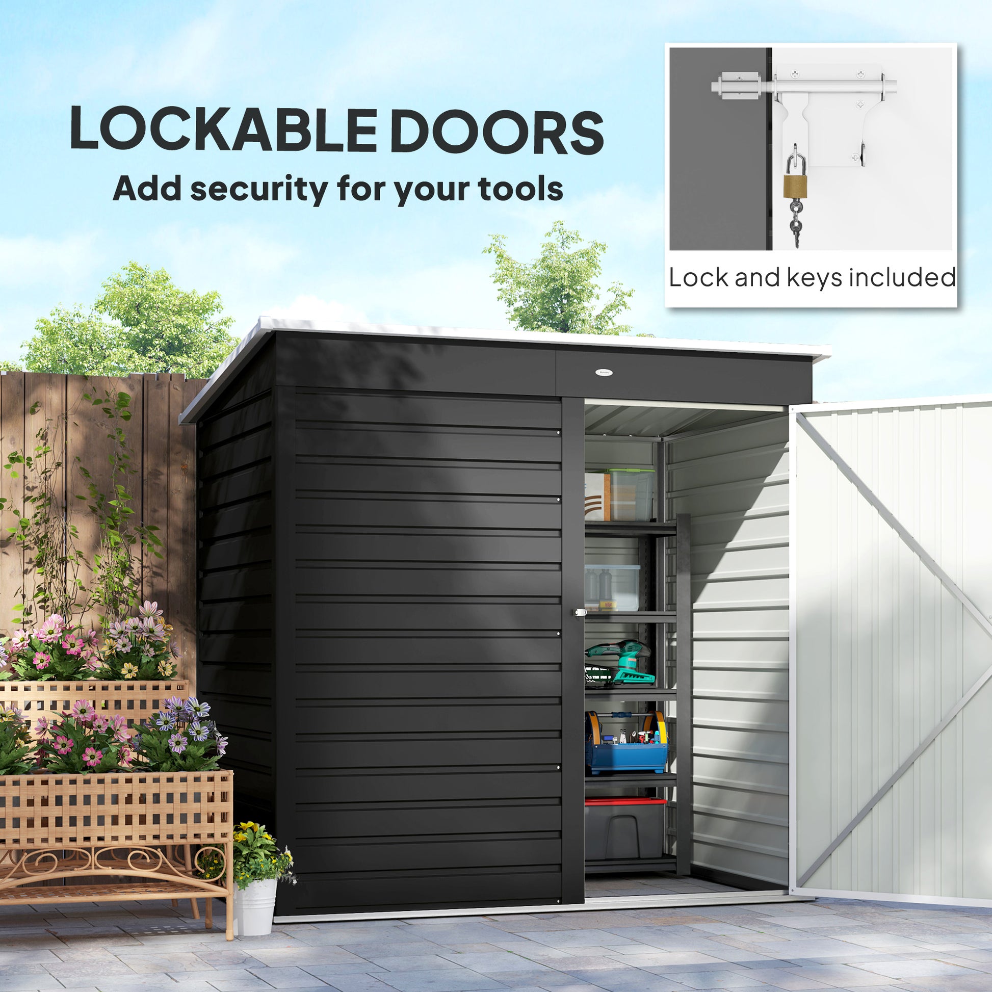 Outsunny 6 x 4ft Metal Garden Storage Shed, Outdoor Tool Storage Shed with Lockable Door and Gloves for Garden, Patio, Dark Grey