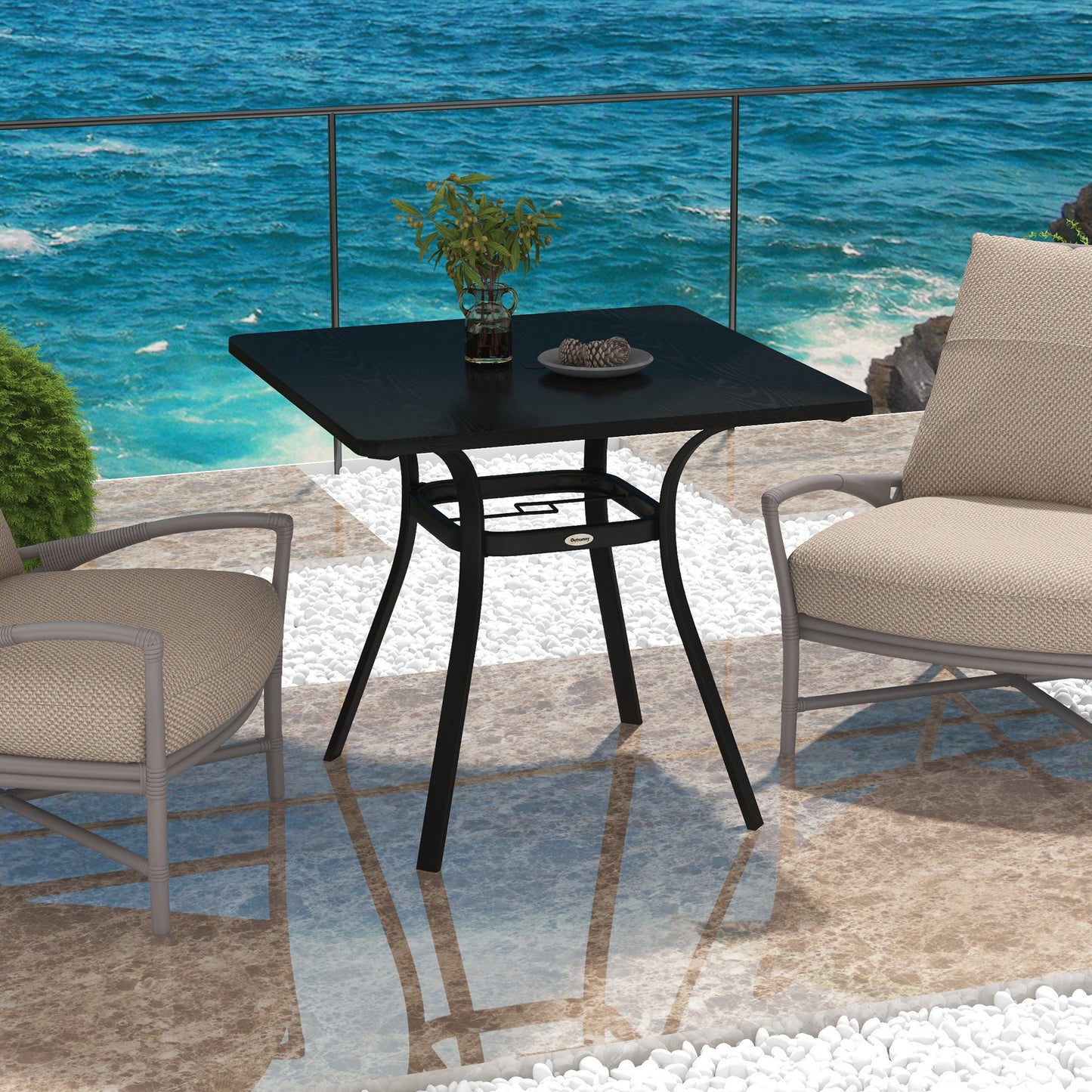 Outsunny Four-Seater Steel Garden Table, with ?40mm Parasol Hole - Black