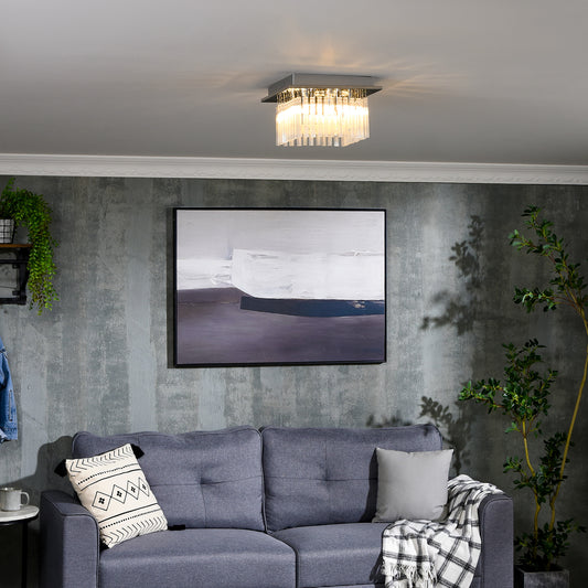 HOMCOM Modern Raindrop K9 Crystal Chandelier, Flush Mount Ceiling Light Fixture, Square Pendant Lamp for Living Room 4 G9 Bulbs Required 32W x 20H cm