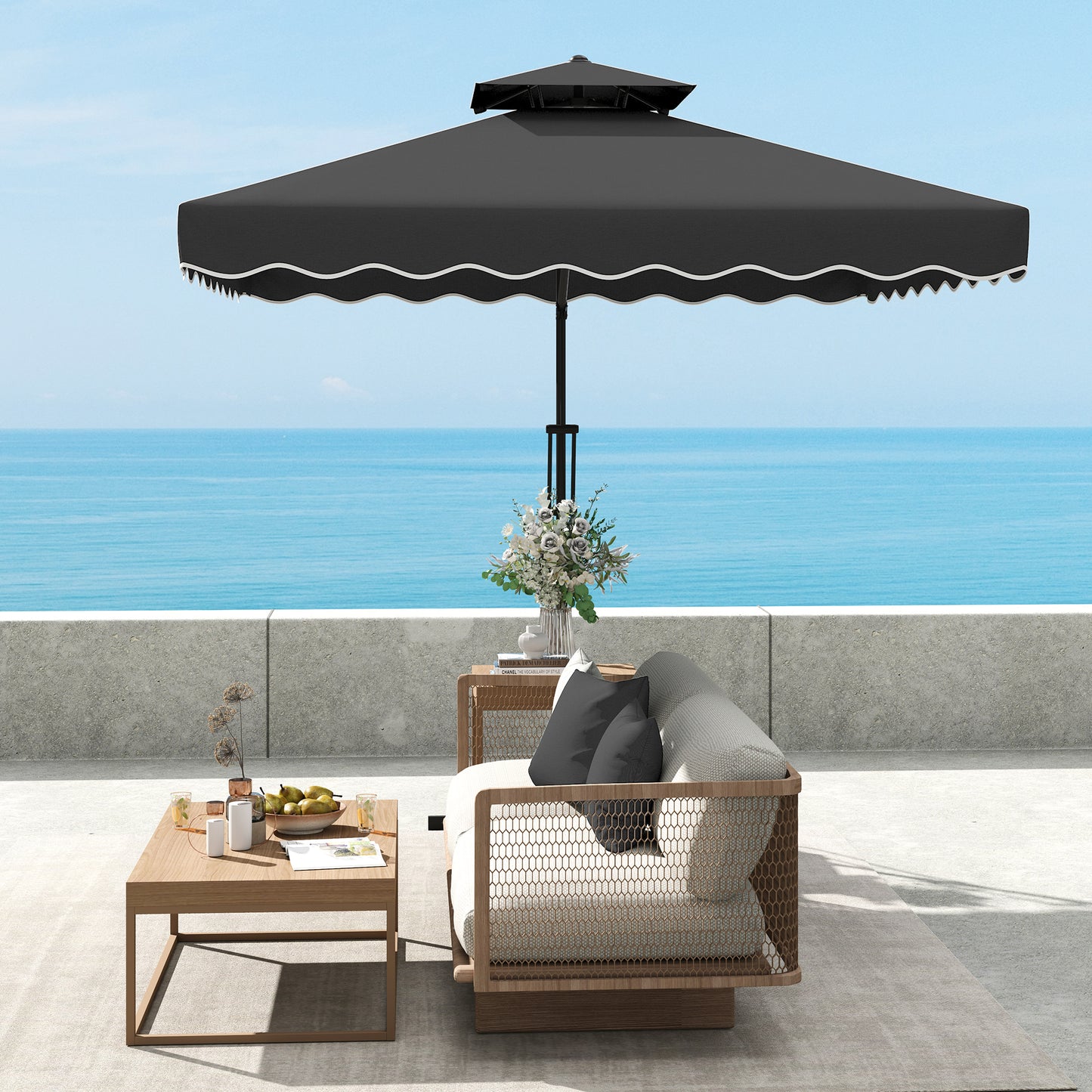 Outsunny 2.5m Cantilever Parasol with Easy Lever, Square Double Top Garden Parasol Umbrella with Ruffles and Cross Base, Overhanging Outdoor Sun Shades, Black