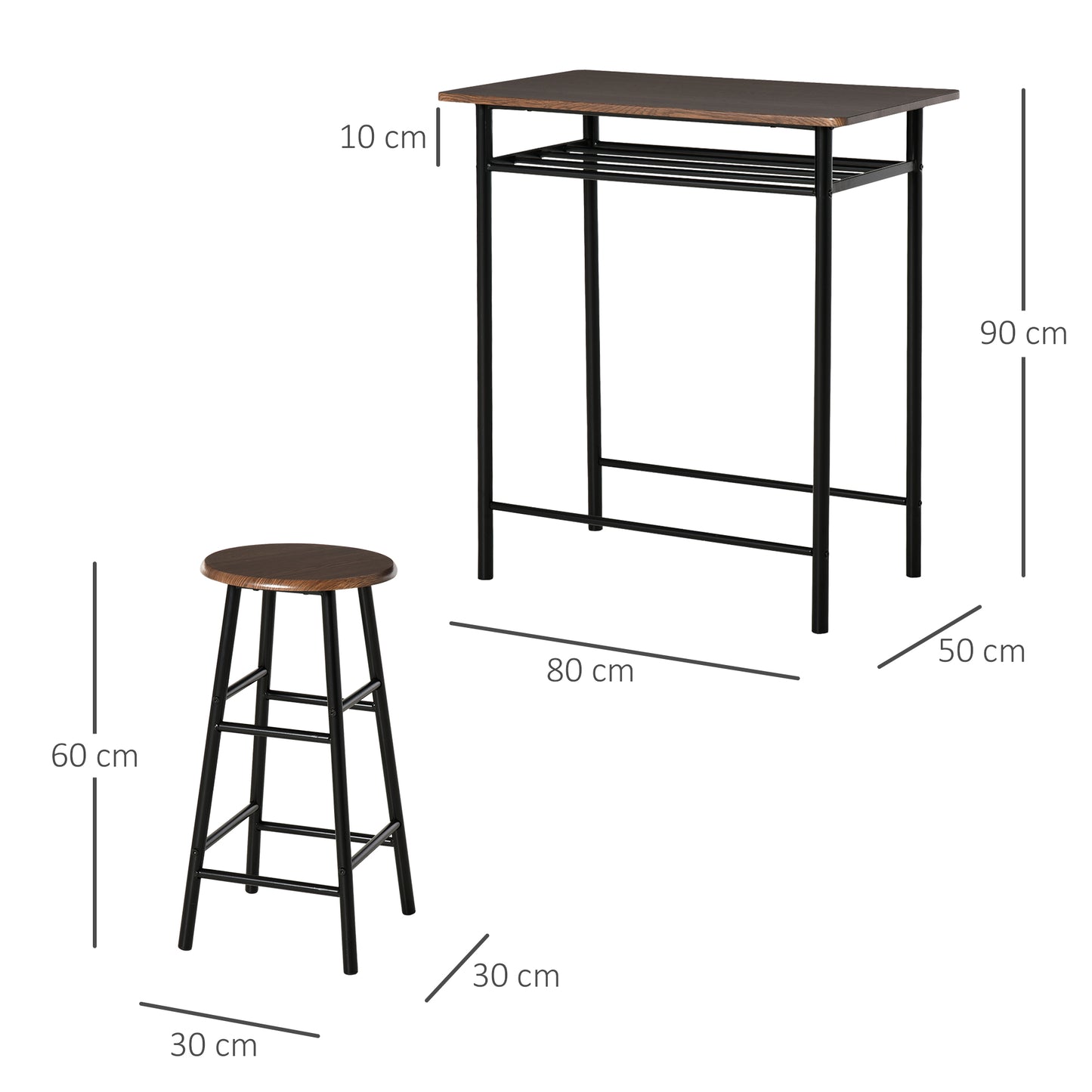 HOMCOM Bar Table Set, Bar Set-1 Bar Table and 2 Stools with Metal Frame Footrest and Storage Shelf, for Kitchen, Dining Room, Pub, Cafe, Black and Oak