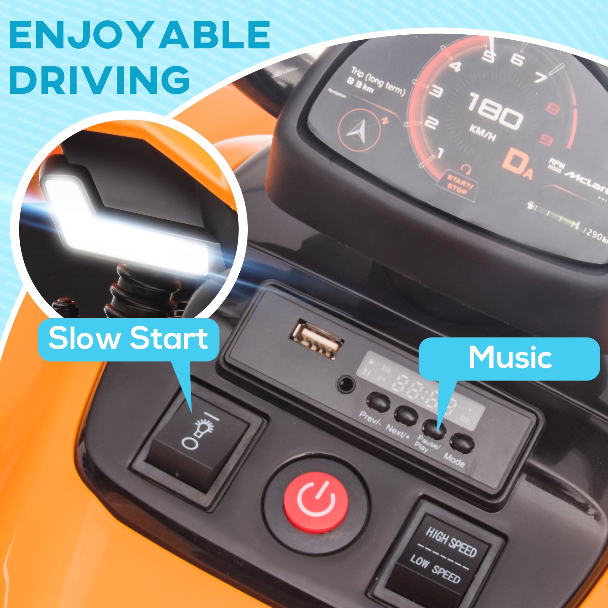 HOMCOM Mclaren Licensed 12V Quad Bike with Slow Start, Music, Headlights, MP3 Slot, Suspension Wheels, for 3-8 Years - Orange