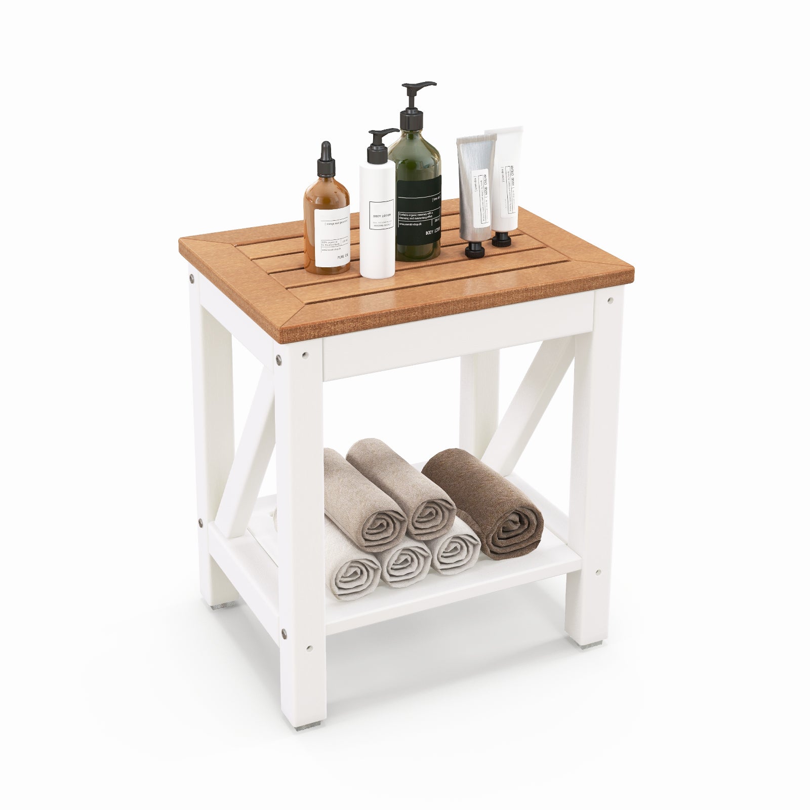 2-Tier Waterproof Shower Bench with Storage Shelf-Brown