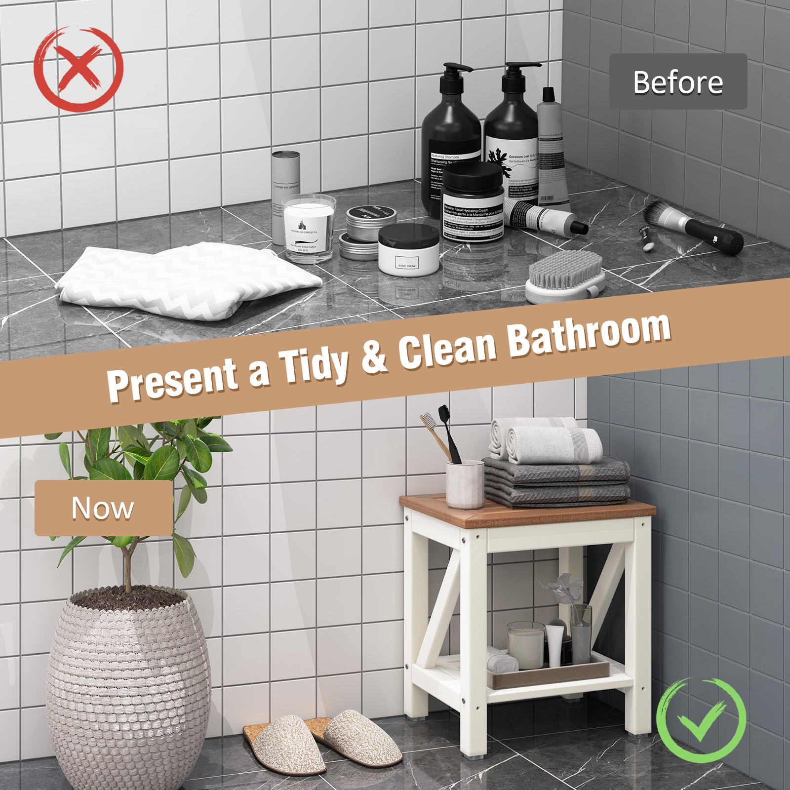 2-Tier Waterproof Shower Bench with Storage Shelf-Brown