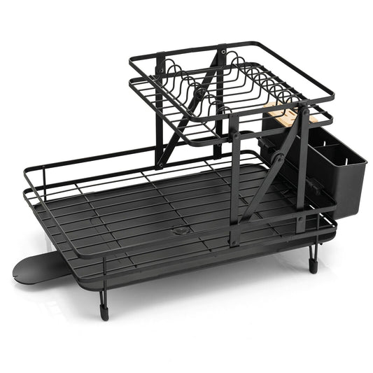 2-Tier Kitchen Dish Drying Rack with Utensil Holder-Black