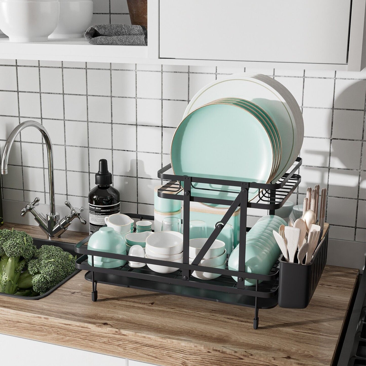 2-Tier Kitchen Dish Drying Rack with Utensil Holder-Black