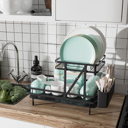 2-Tier Kitchen Dish Drying Rack with Utensil Holder-Black