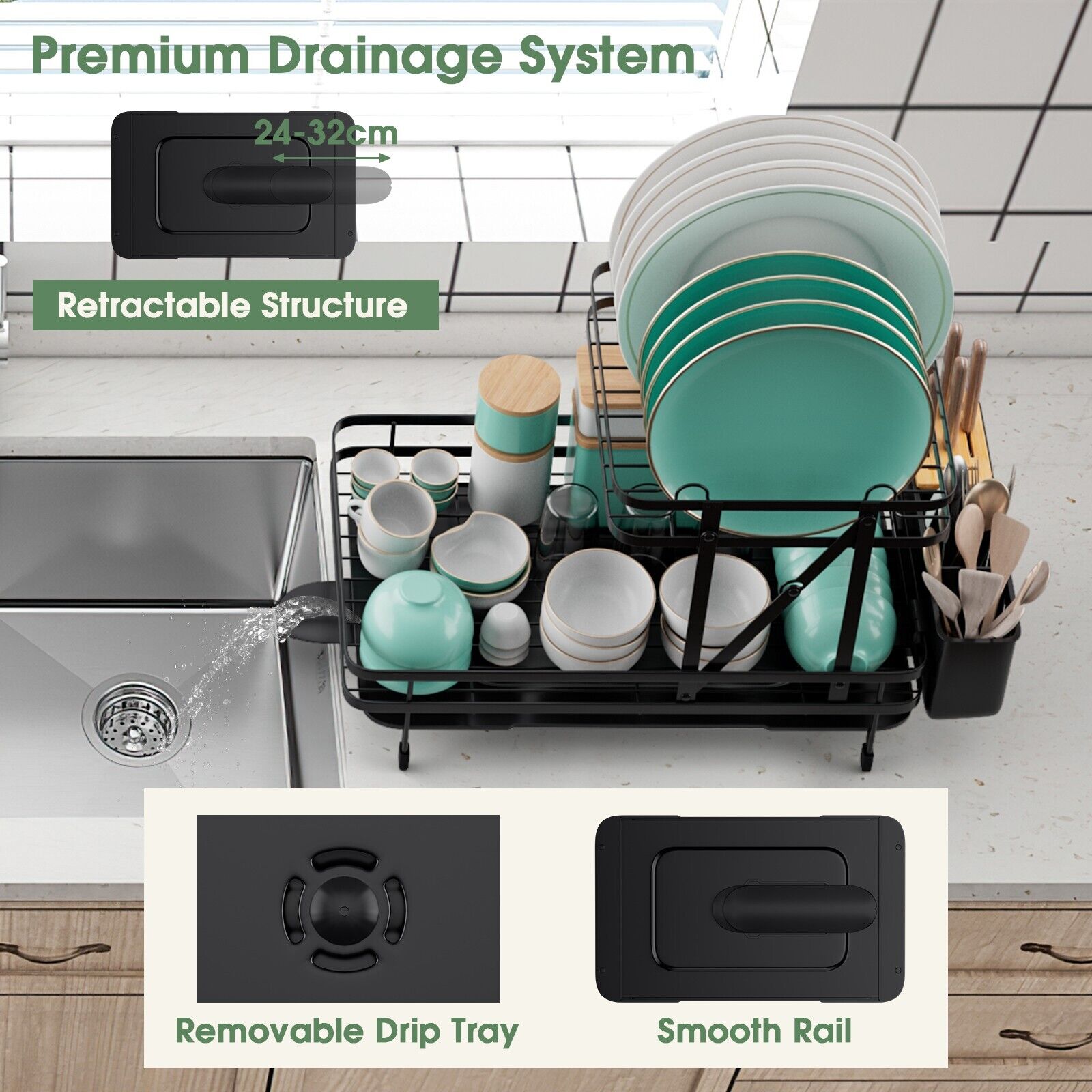 2-Tier Kitchen Dish Drying Rack with Utensil Holder-Black