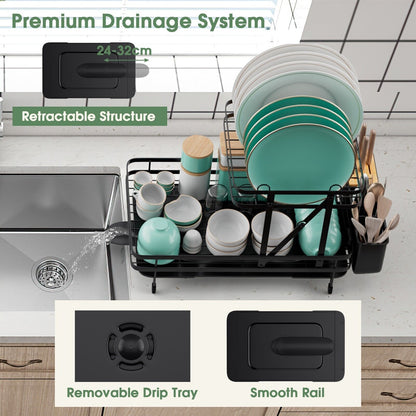 2-Tier Kitchen Dish Drying Rack with Utensil Holder-Black