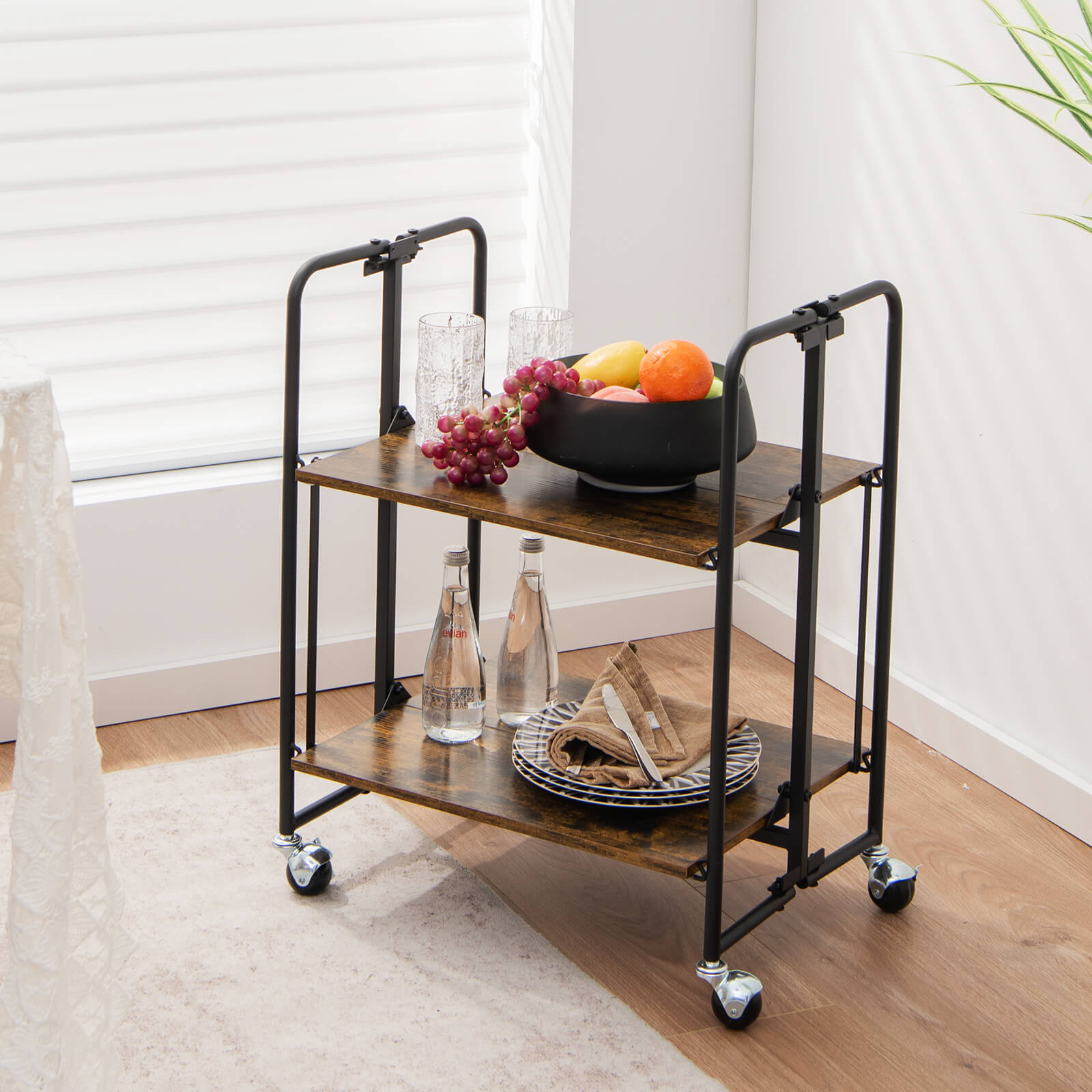2-Tier Folding Kitchen Island Cart with Metal Frame