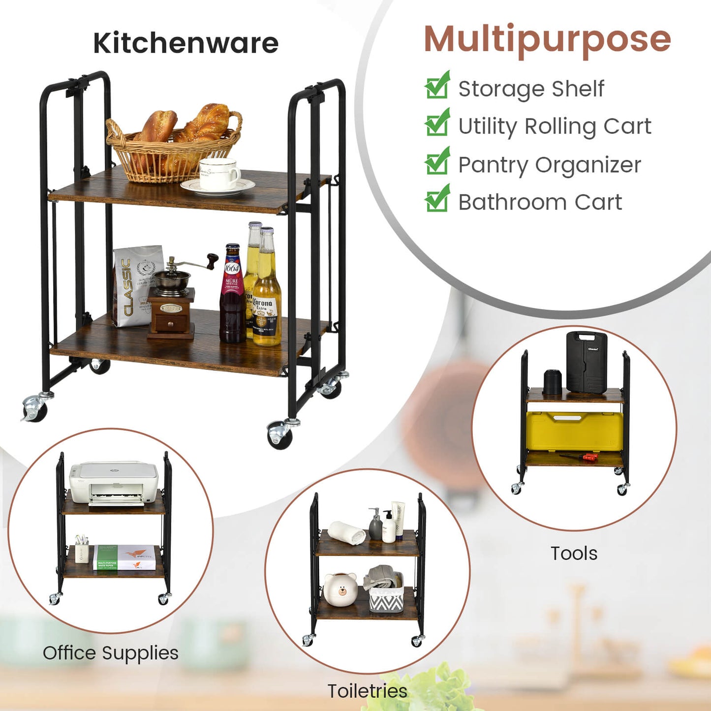 2-Tier Folding Kitchen Island Cart with Metal Frame