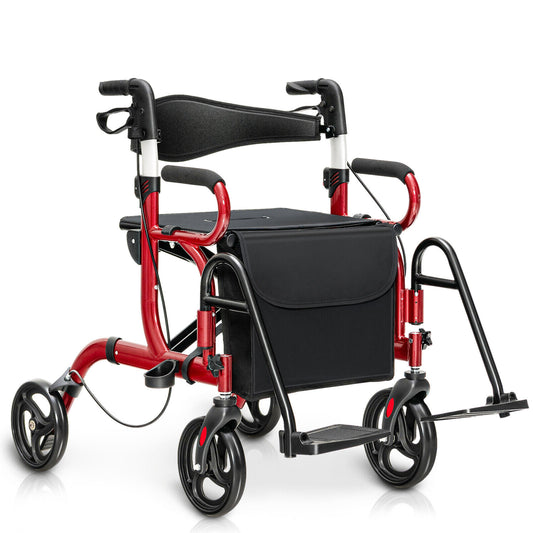 2-in-1 Folding Ergonomic Rollator with Storage Bag-Red