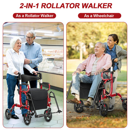 2-in-1 Folding Ergonomic Rollator with Storage Bag-Red