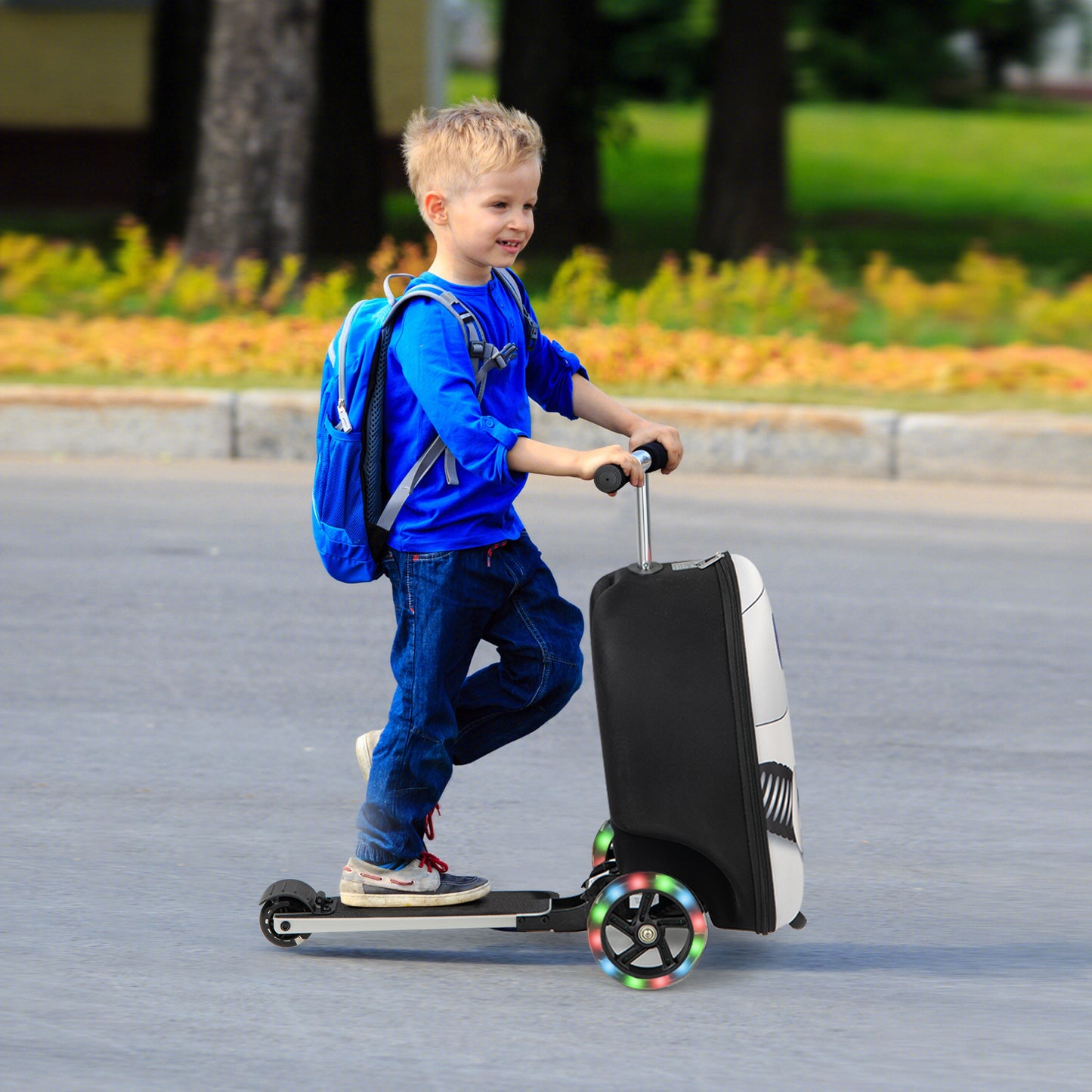 2-in-1 Folding Kids Scooter with Suitcase and 3 Color Lighted Wheels-White