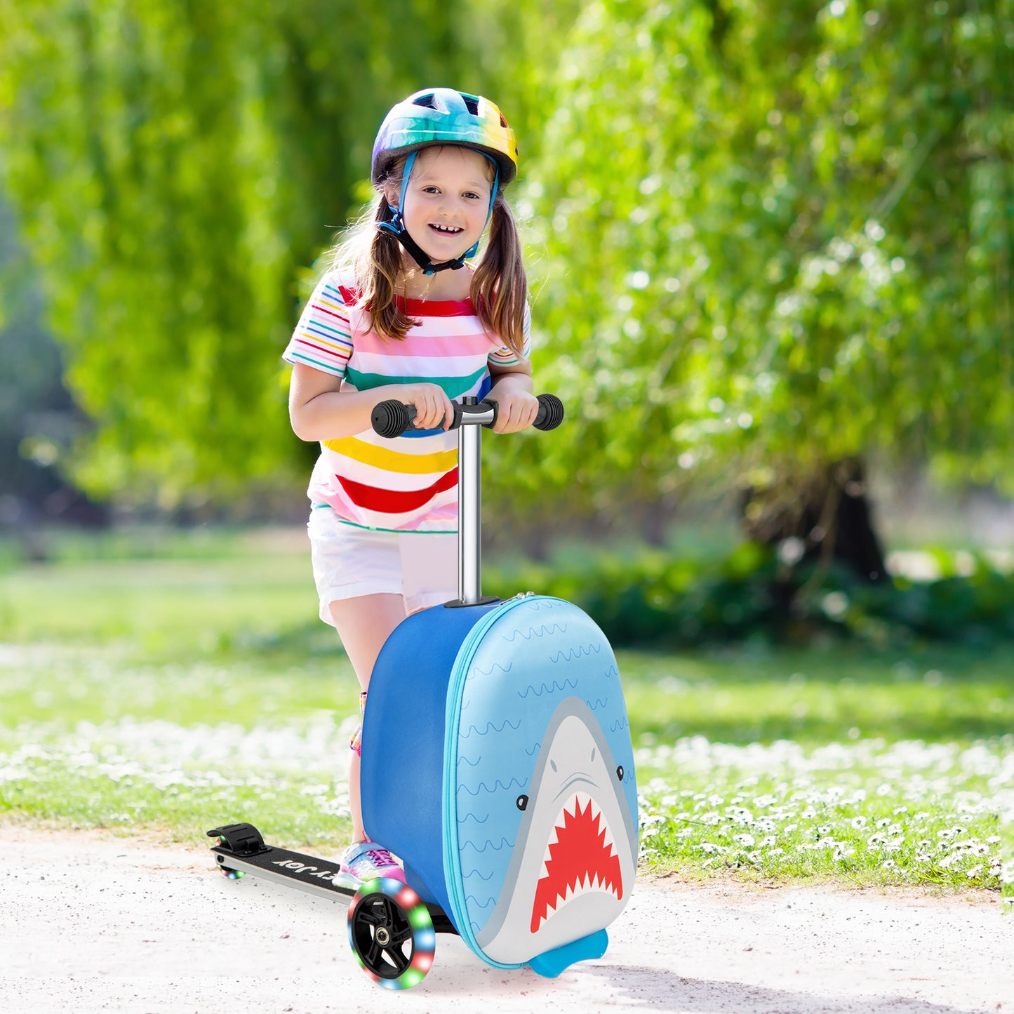 2-in-1 Folding Kids Scooter with Suitcase and 3 Color Lighted Wheels-Blue