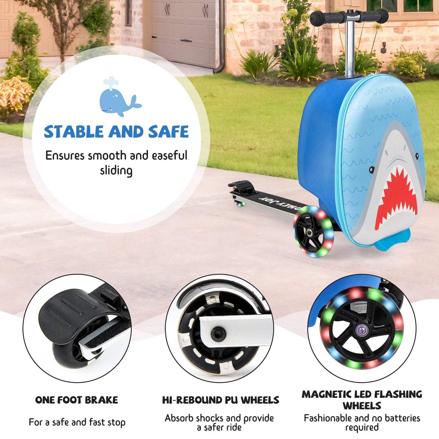 2-in-1 Folding Kids Scooter with Suitcase and 3 Color Lighted Wheels-Blue