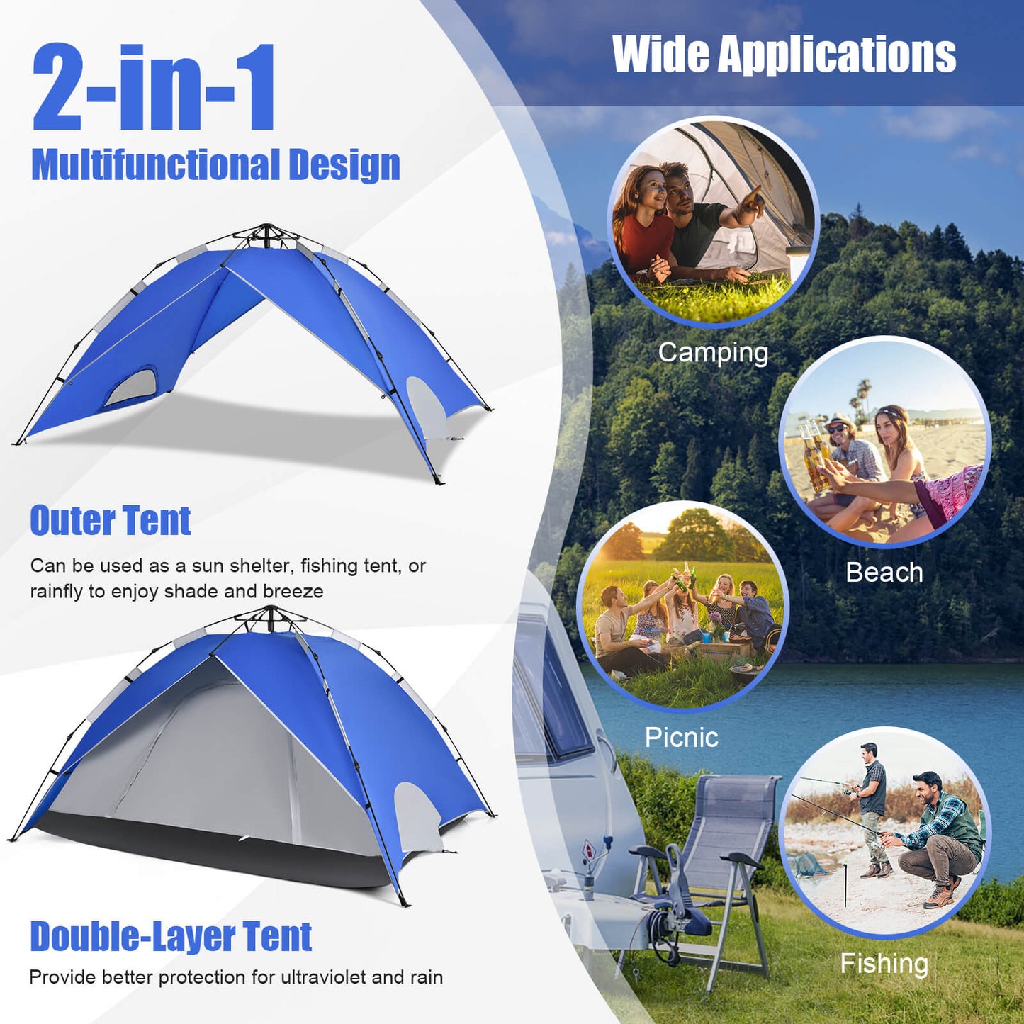 Instant Pop-Up Camping Tent for 4 Person with Carry Bag-Blue