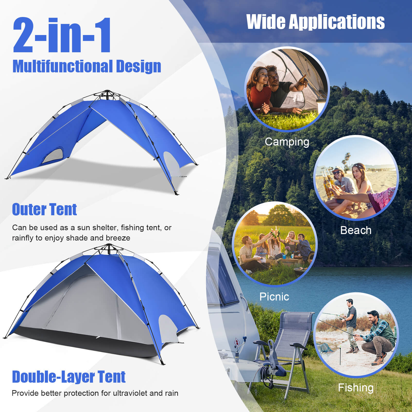 Instant Pop-Up Camping Tent for 4 Person with Carry Bag-Blue