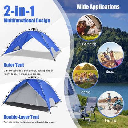 Instant Pop-Up Camping Tent for 4 Person with Carry Bag-Blue