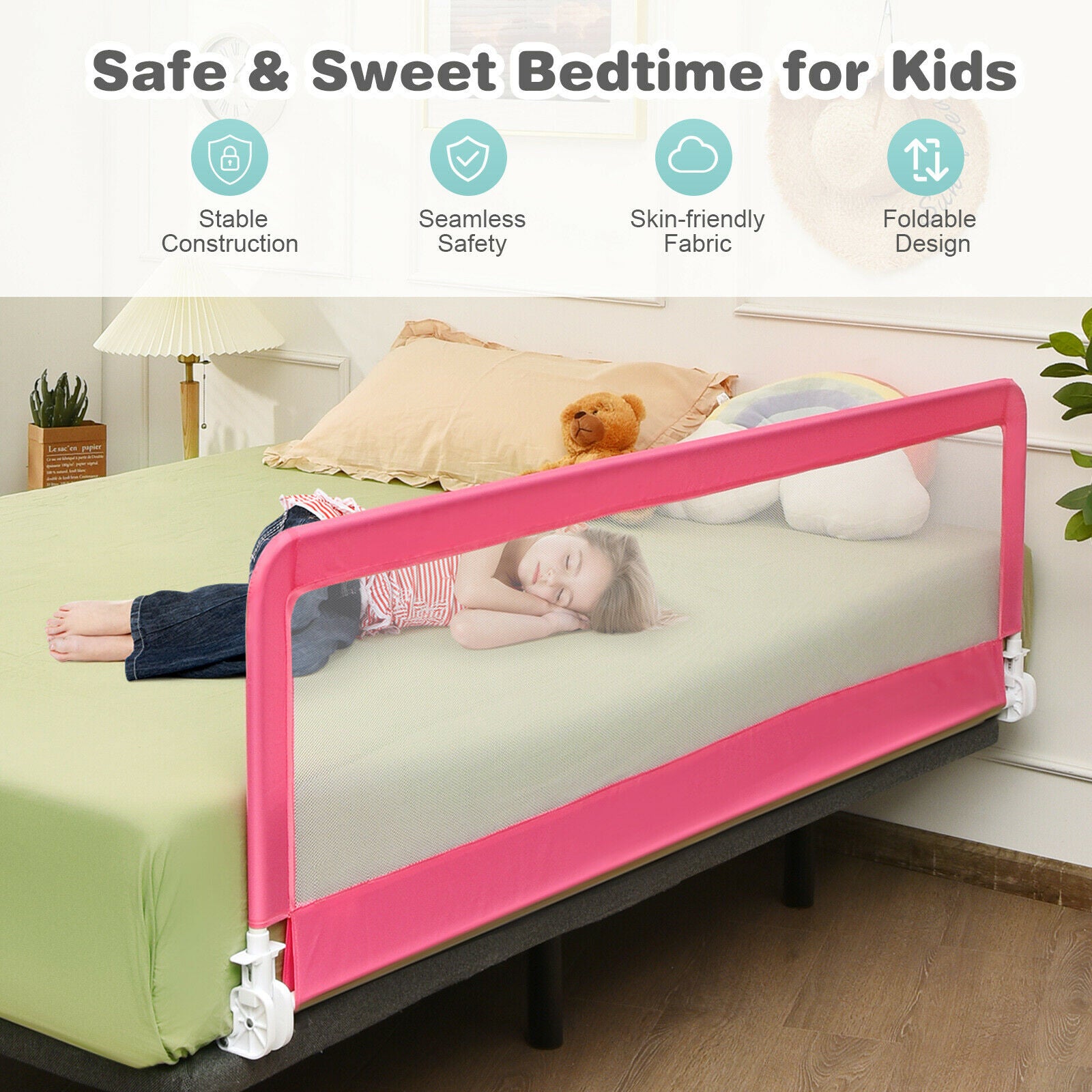 Universal Folding Bed Rail with Safety Strap-Pink