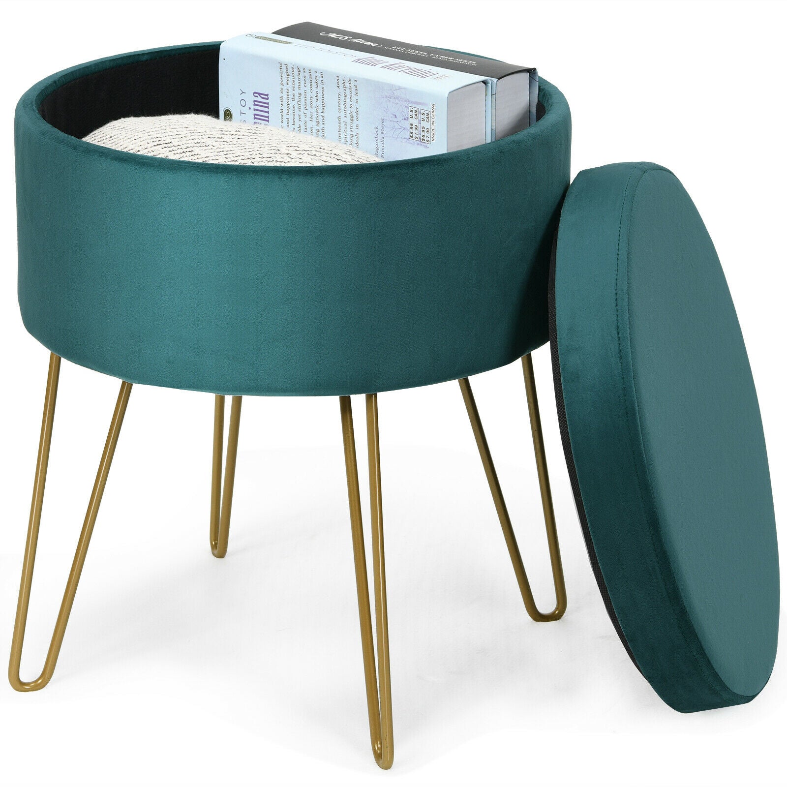 Round Velvet Ottoman Stool with Hairpin Legs-Green