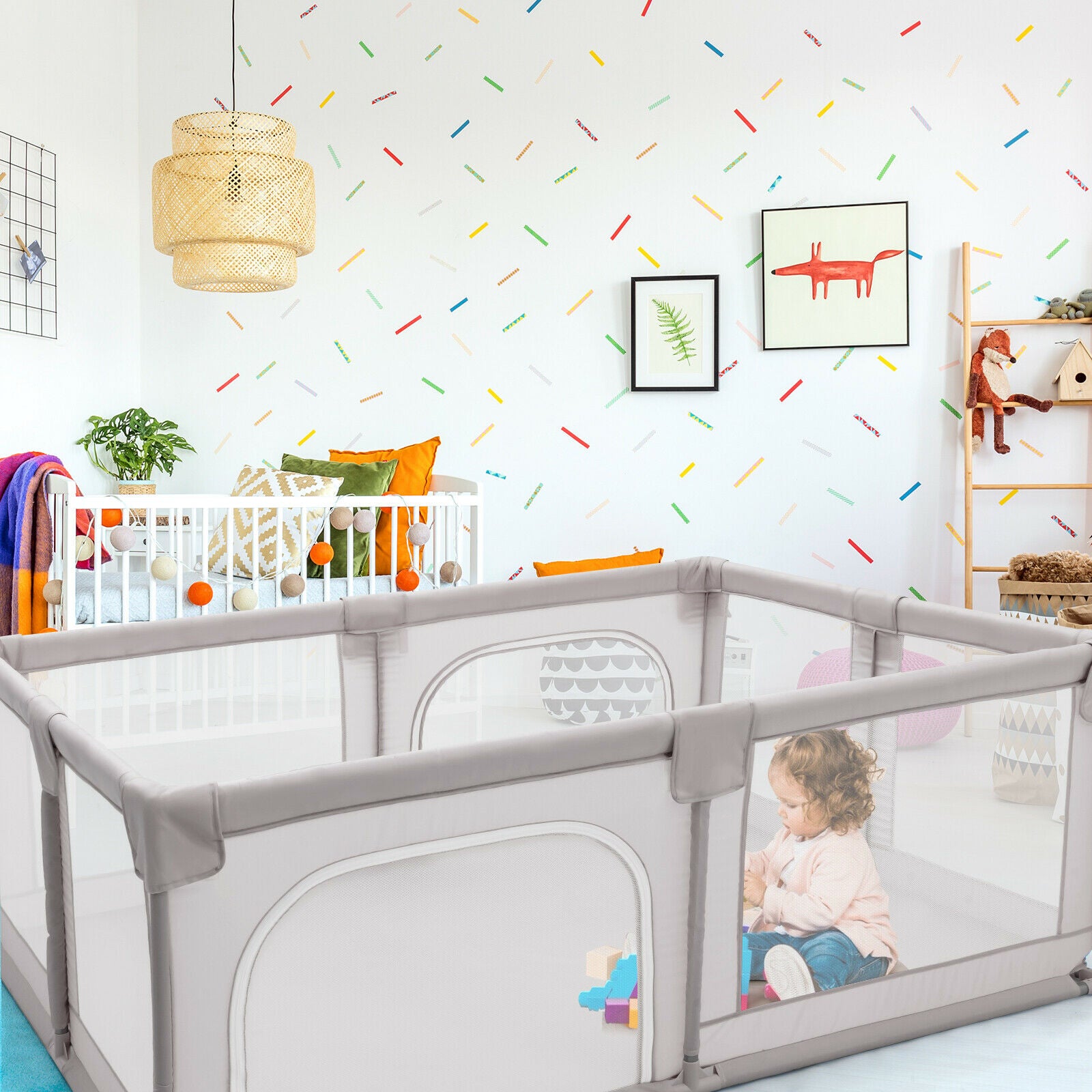 Baby Playpen Portable Activity Centre with Gate-Grey