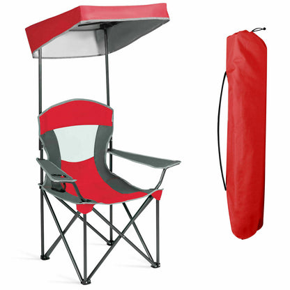 Folding Camping Chair with Canopy & Cup Holder-Red