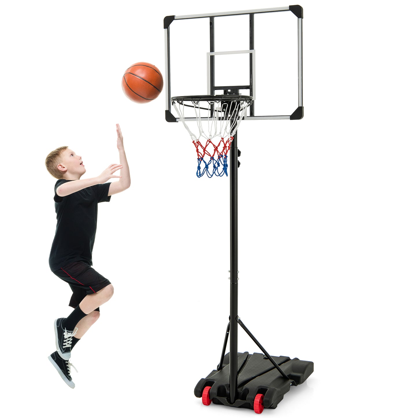 223-253 cm Portable Basketball Hoop with Front Wheels and Fillable Base