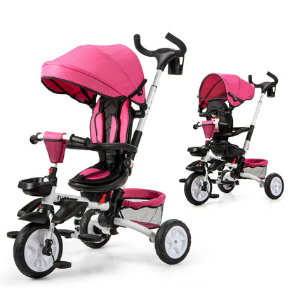 Folding Toddler Tricycle Travel System with 360° Seat and Parent Handle-Pink