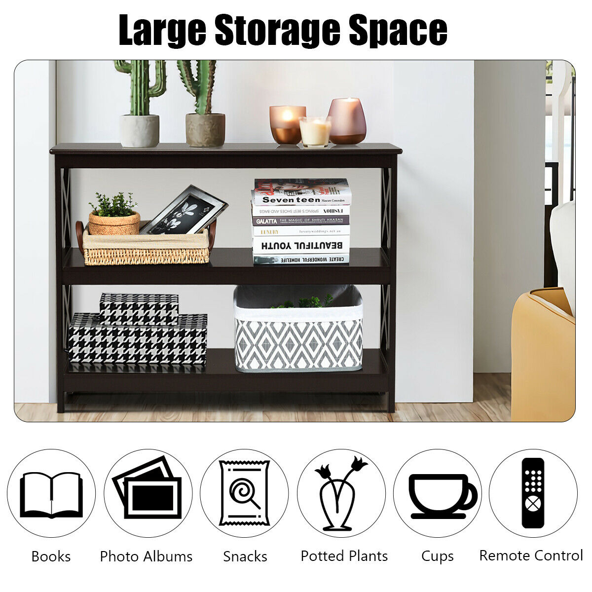 Industrial 3-Tier Console Table with Storage Shelf-Brown