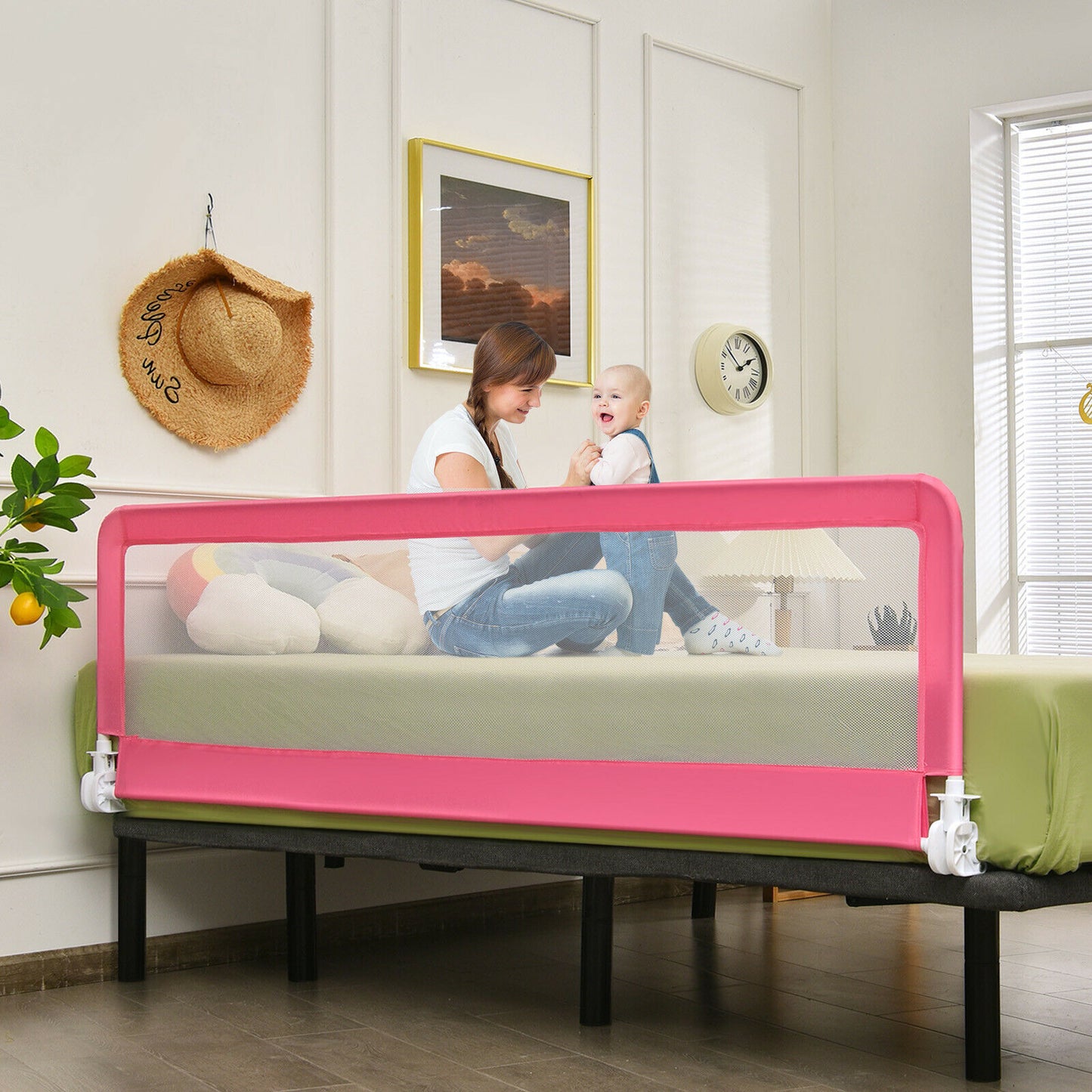 Universal Folding Bed Rail with Safety Strap-Pink