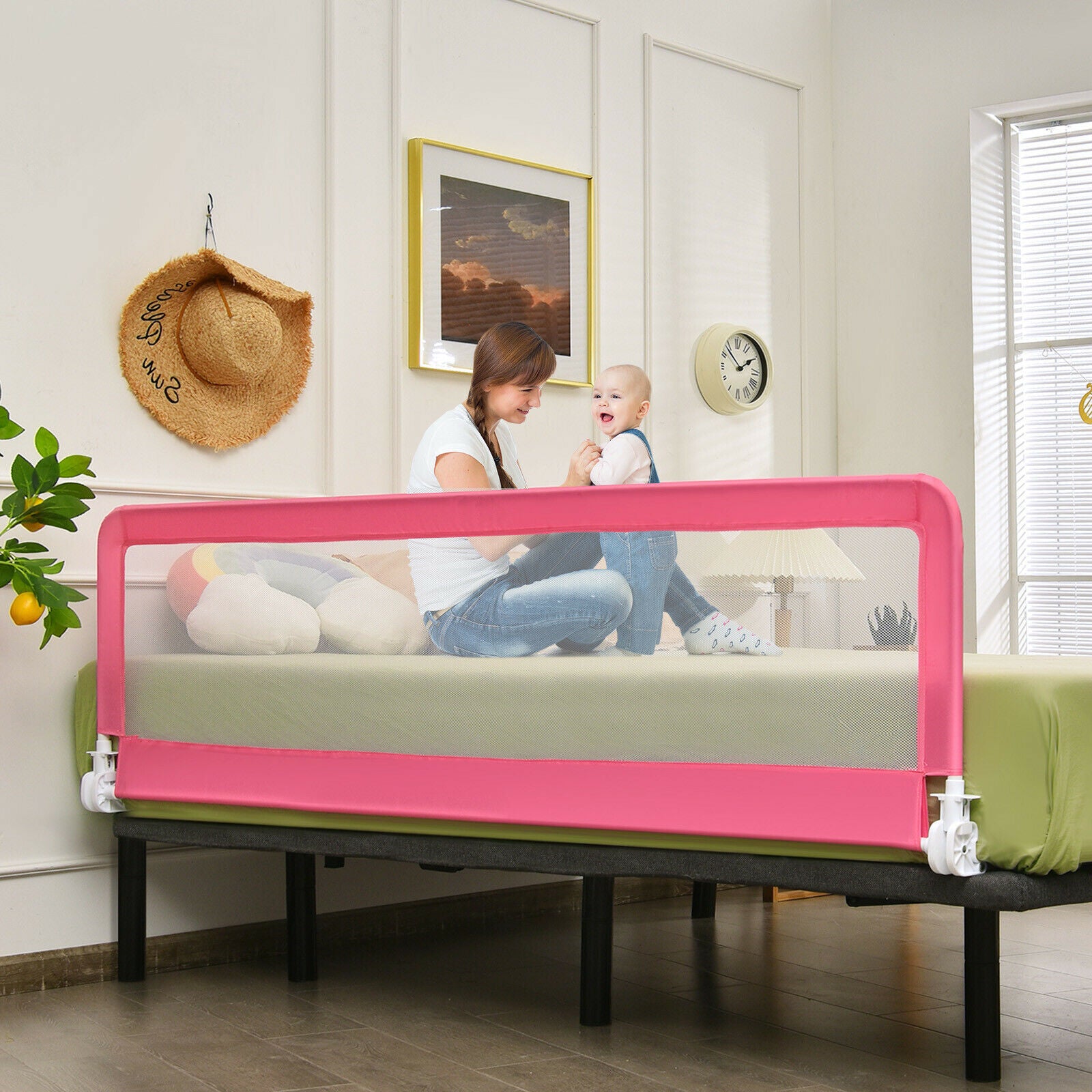 Universal Folding Bed Rail with Safety Strap-Pink