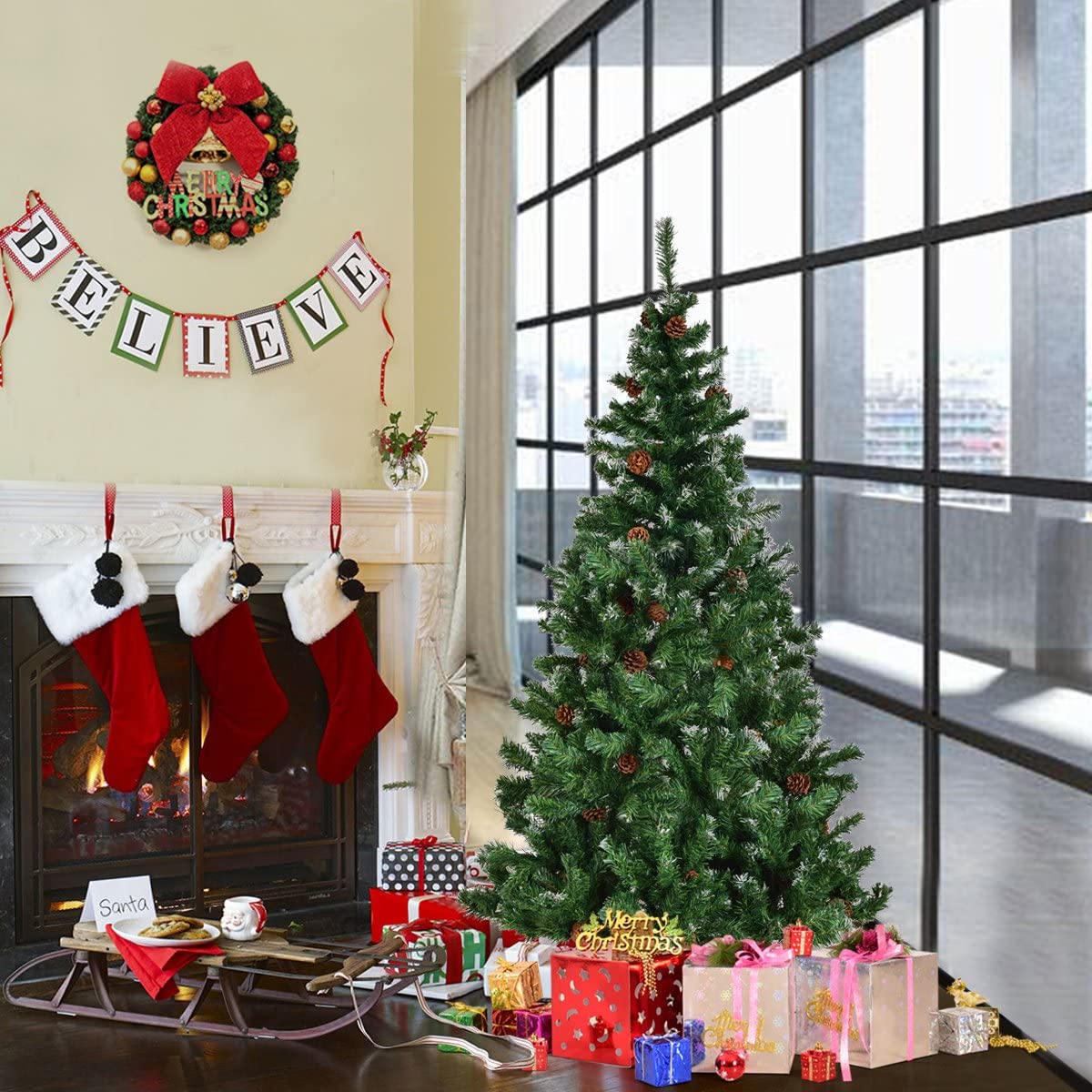 5ft Artificial Christmas Tree with Snow and Pine Cones with Metal Stand