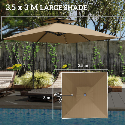 Outsunny 3.5x3 m Garden Cantilever Parasol with Solar LED Lights and Centre Light, UPF50+ Aluminium Patio Umbrella with 360° Rotation and Tilt, Hanging Sun Shade with Cross Base, Crank Handle, Khaki