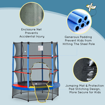 HOMCOM 5.2FT/63 Inch Kids Trampoline with Enclosure Net Steel Frame Indoor Round Bouncer Rebounder Age 3 to 6 Years Old Multi-color