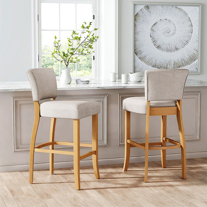 2x Linen Bar Stools Counter Dining Chair With Solid Wood Leg Footrest - Beige White