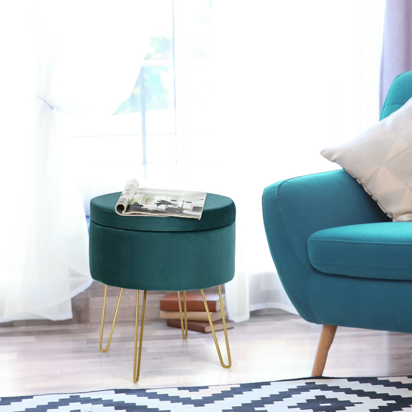 Round Velvet Ottoman Stool with Hairpin Legs-Green