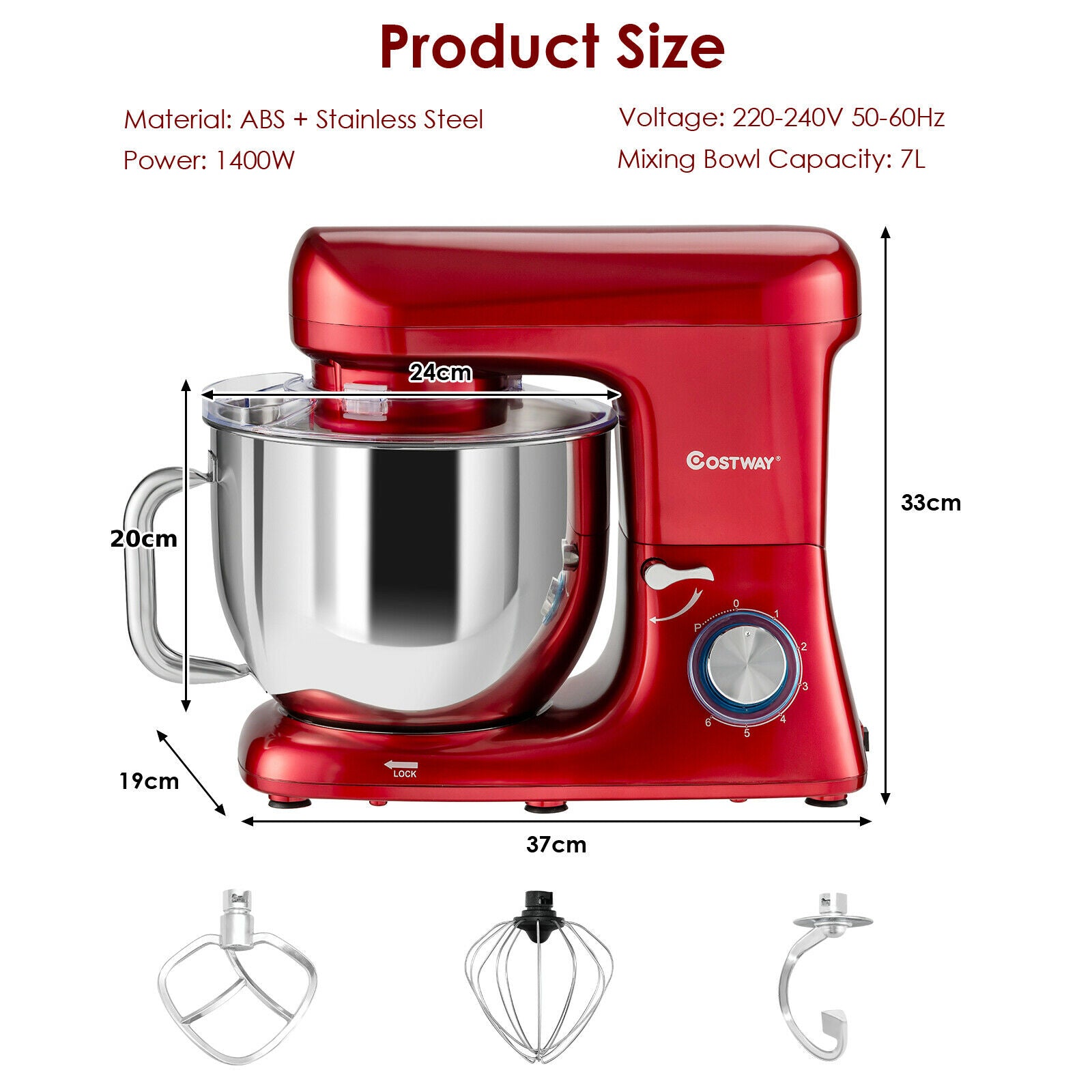 1400W Electric Stand Mixer 6 Adjustable Speed Kitchen Beater-Red